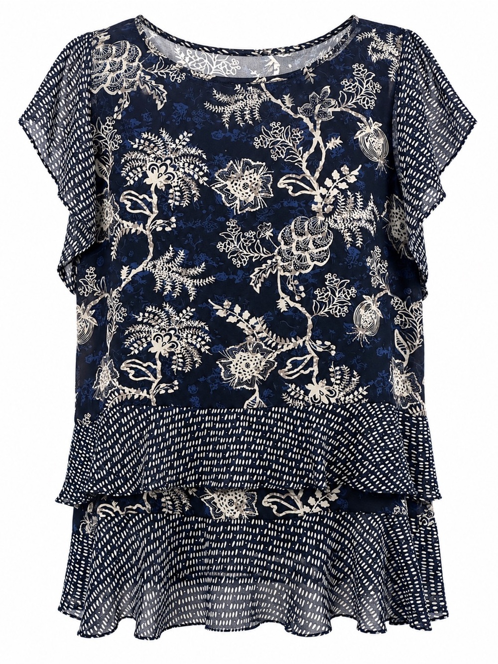 Cabi XL Navy Floral Ruffle Blouse Sheer Layered Top Boho